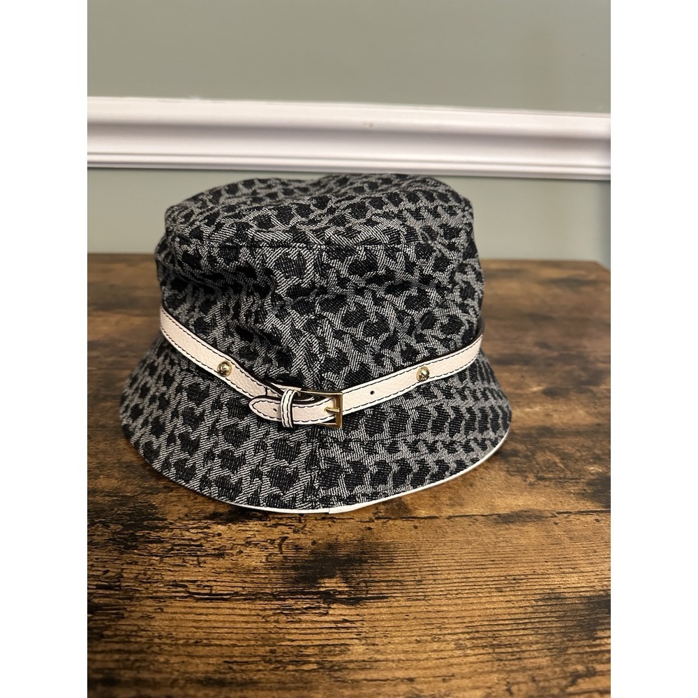 New York And Company Women's Bucket Hat Black Geometric‎ Ivory Belt Gold Accents
